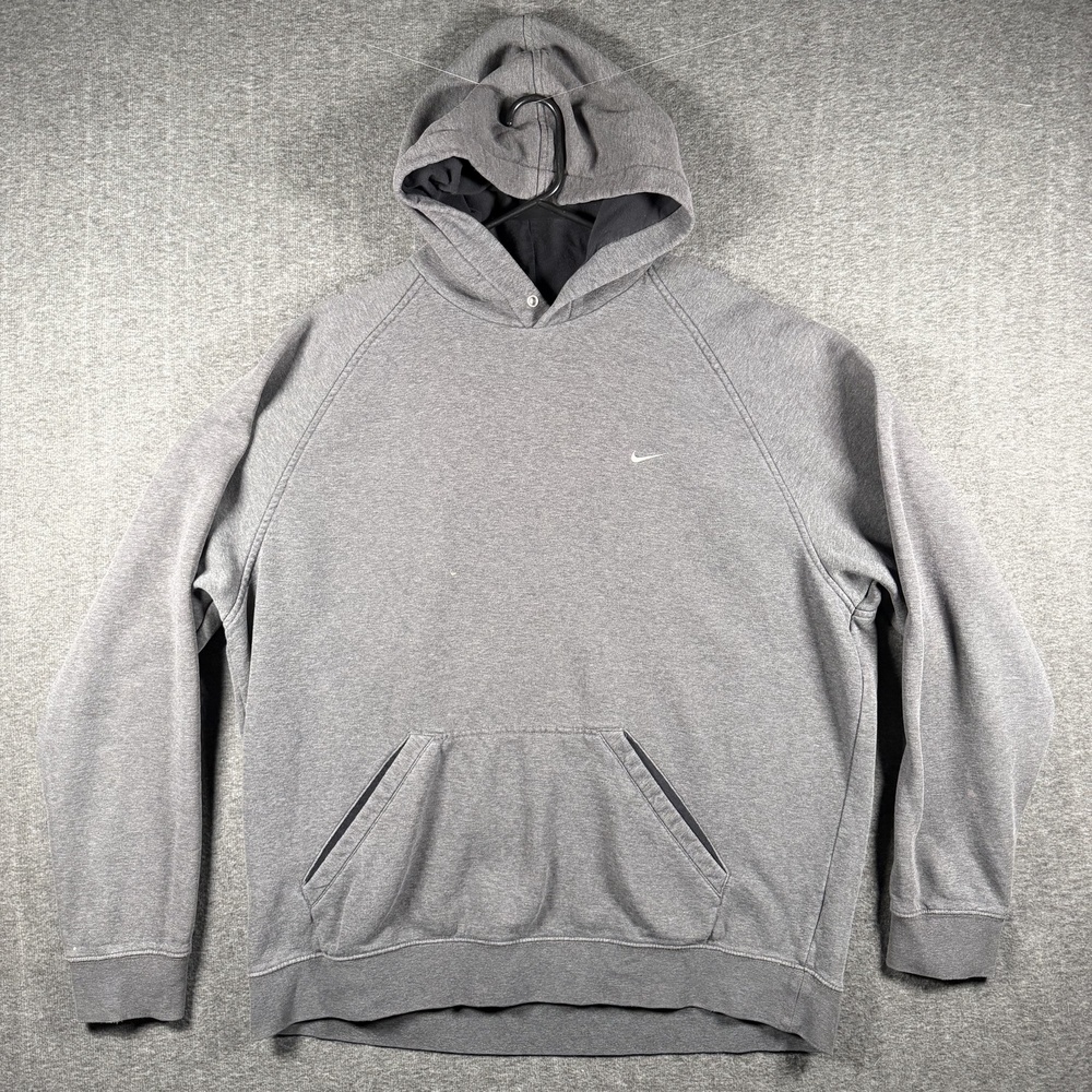 Y2K Nike Hoodie Mens 2XL Gray Pullover Fleece Swoosh Logo Kangaroo Athletic